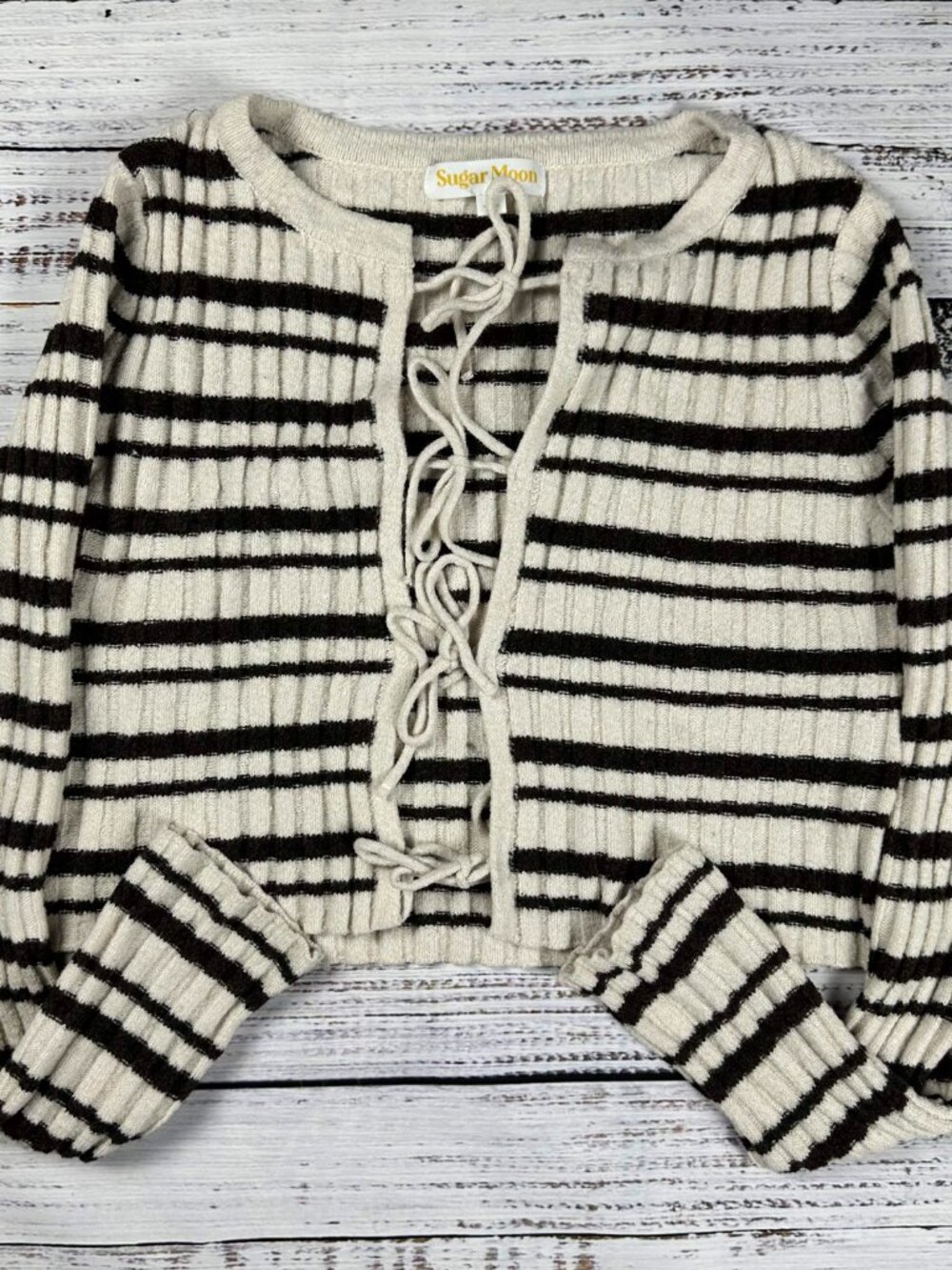 Sugar Moon Lace-Up Striped Cardigan S Cream/Black Stripe Knit (Acrylic Blend)